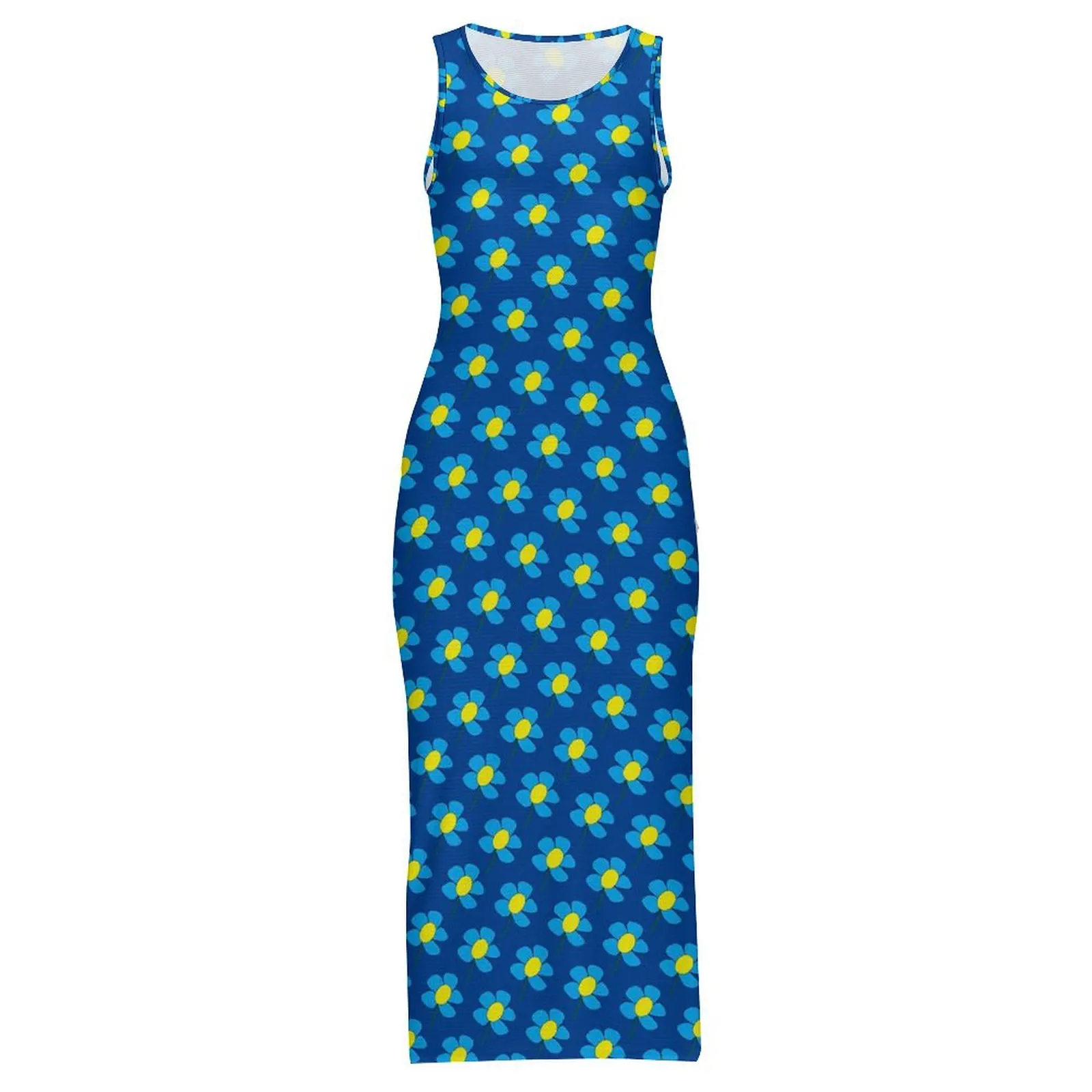 Women Bodycon Dress Night Club Blue And Yellow Daisy Maxi Dresses Spring Vintage Floral Sleeveless Street Style Dress Large Size