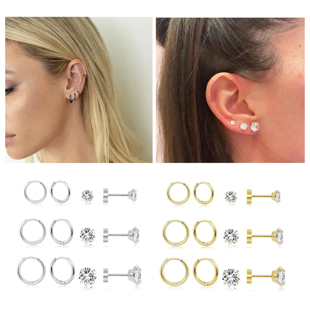 12pcs 20G Hypoallergenic Stainless Steel Flatback Stud Earrings Set for Women Men, Sparkling Cubic Zerconia Screw Back Earrings