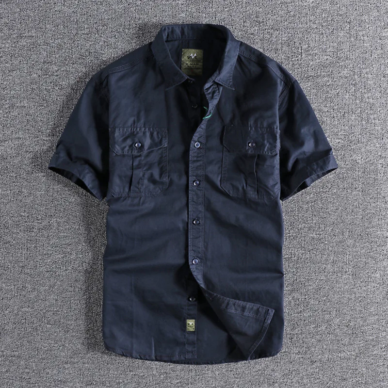 

Summer Lapel Short Sleeve Shirt with Utility Pockets Men's Cargo Style Pure Cotton Button Down Work Shirt Man Daily Wear