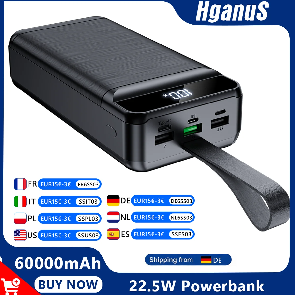 Hganus Externer Akku 22,5W 60000mAh Powerbank QC PD3.0 Schnellladung, Große Kapazität, mit Taschenlampe, für iPhone 17, Xiaomi, Samsung, Outdoor-Nutzung
