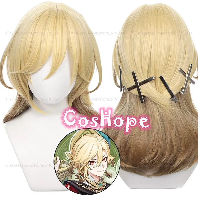 Kaveh Cosplay Wig Unisex 50cm Long Golden Gradient Hair Cosplay Anime Cosplay Wigs Heat Resistant Synthetic Wigs Halloween