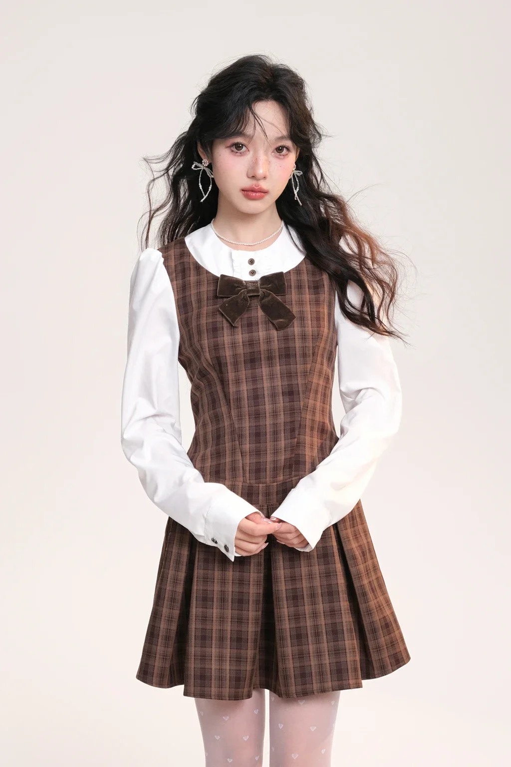 Japanese Retro Preppy Style Bow Round Neck Long Sleeve Plaid Stitching High Waist Slim A-line Pleated Short Dress Women Autumn