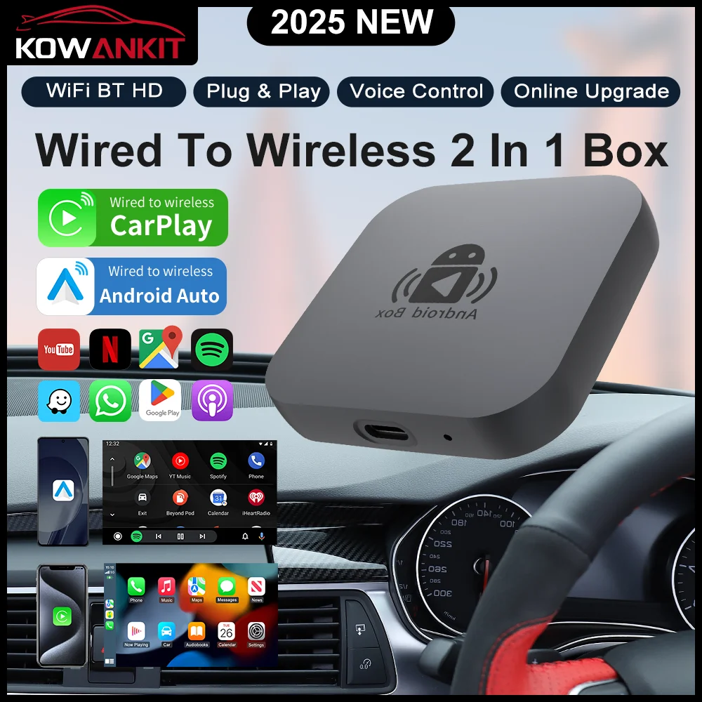 صندوق Carplay Android Auto AI اللاسلكي، التوصيل والتشغيل يناسب السيارات من 2016، Android 12 RK3328 4+64GB، يدعم أي تطبيقات - K713