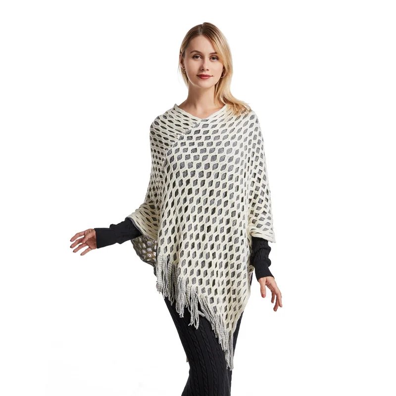 Pull ample avec pompon pour femme, manteau polyvalent, mi-long, Cape, châle, en maille, Beige, collection printemps-automne 2022