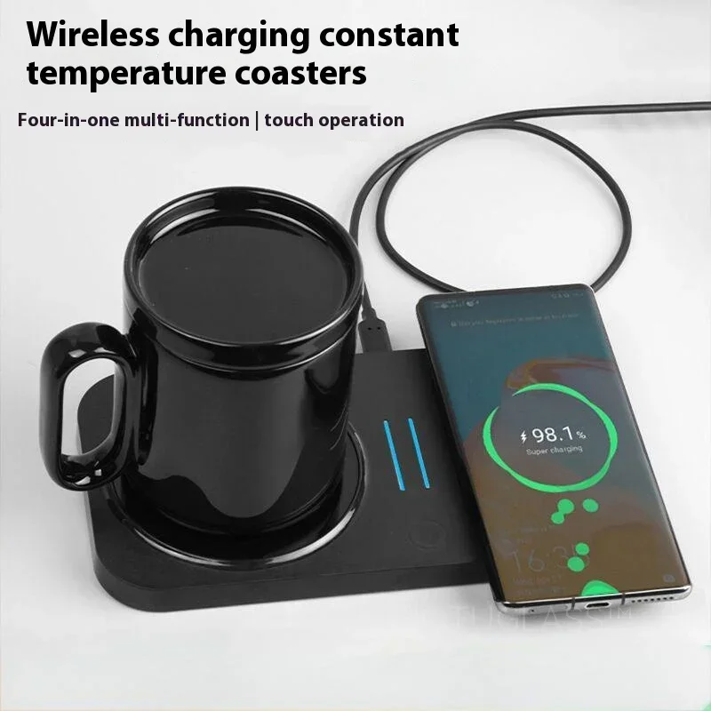 

Smart Coffee Warmer with Wireless Charger Heating Pad for Phone Earbuds Smartwatch and Office Desk Temperature Control Gift