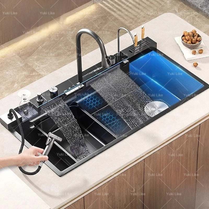 

Stainless Steel Waterfall Kitchen Sink With Knife Holder Digital Display Faucet Set Embossed Extra Large Single Slot