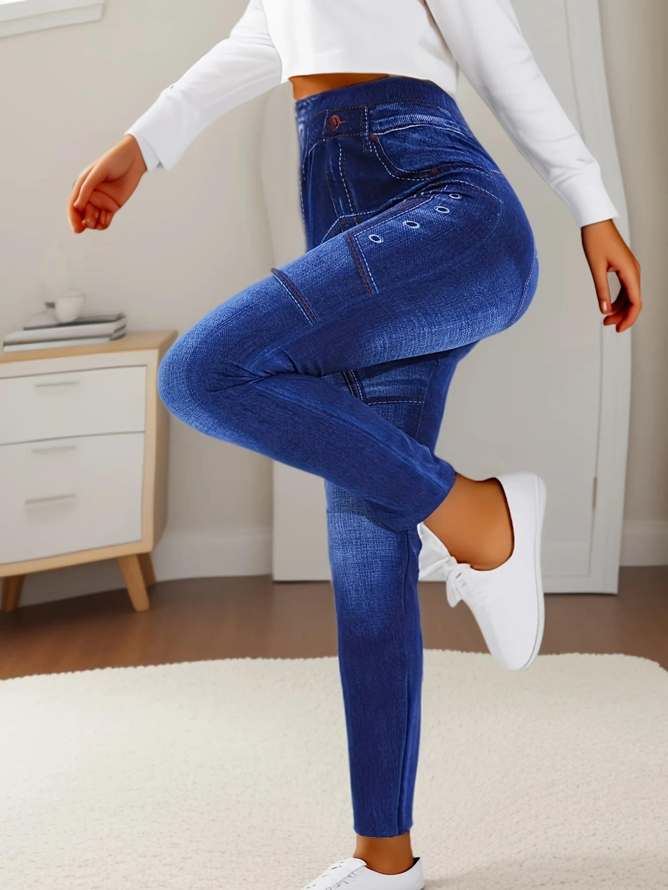Casual En Elegante Sport Imitatie Denim Leggings Met Oogjes Bedrukt En Geverfde Leggings Hardlopen En Fitness Cropped Broek
