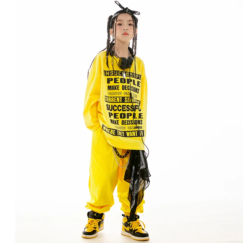 Bambini giallo a maniche lunghe pantaloni larghi vestito per ragazze Jazz abiti da ballo ragazzi moderni Hip Hop Performance Stage Wear DN16114