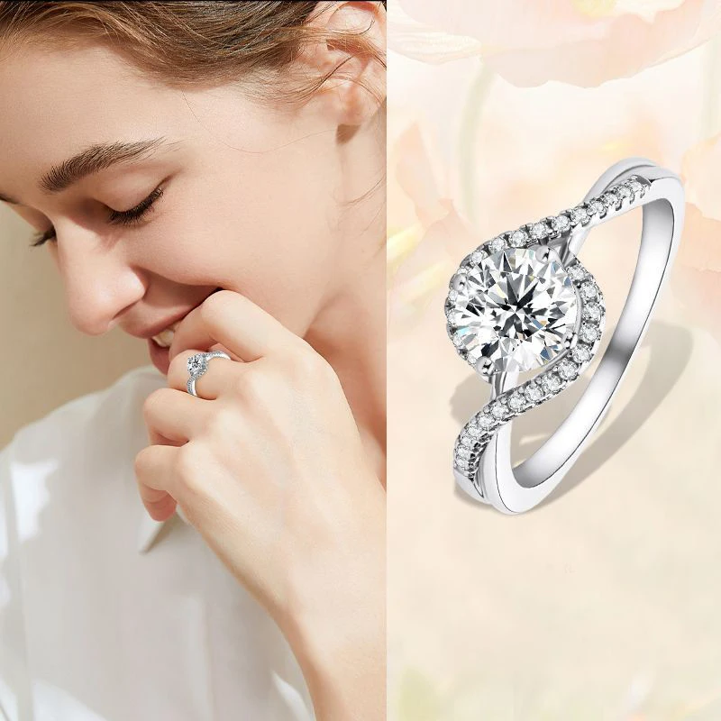 

European and American light luxury high-end 1-carat Moissanite ring for women, full star design with twisted band, S925 sterling