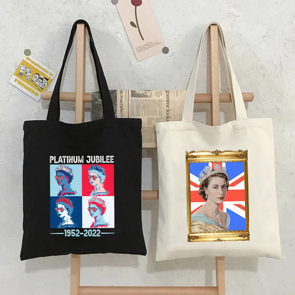 Queen Elizabeth II England Flag British Painting Women Canvas Shopper Bag Cotton Handbag Harajuku Tote Shoulder Eco Shopping Bag