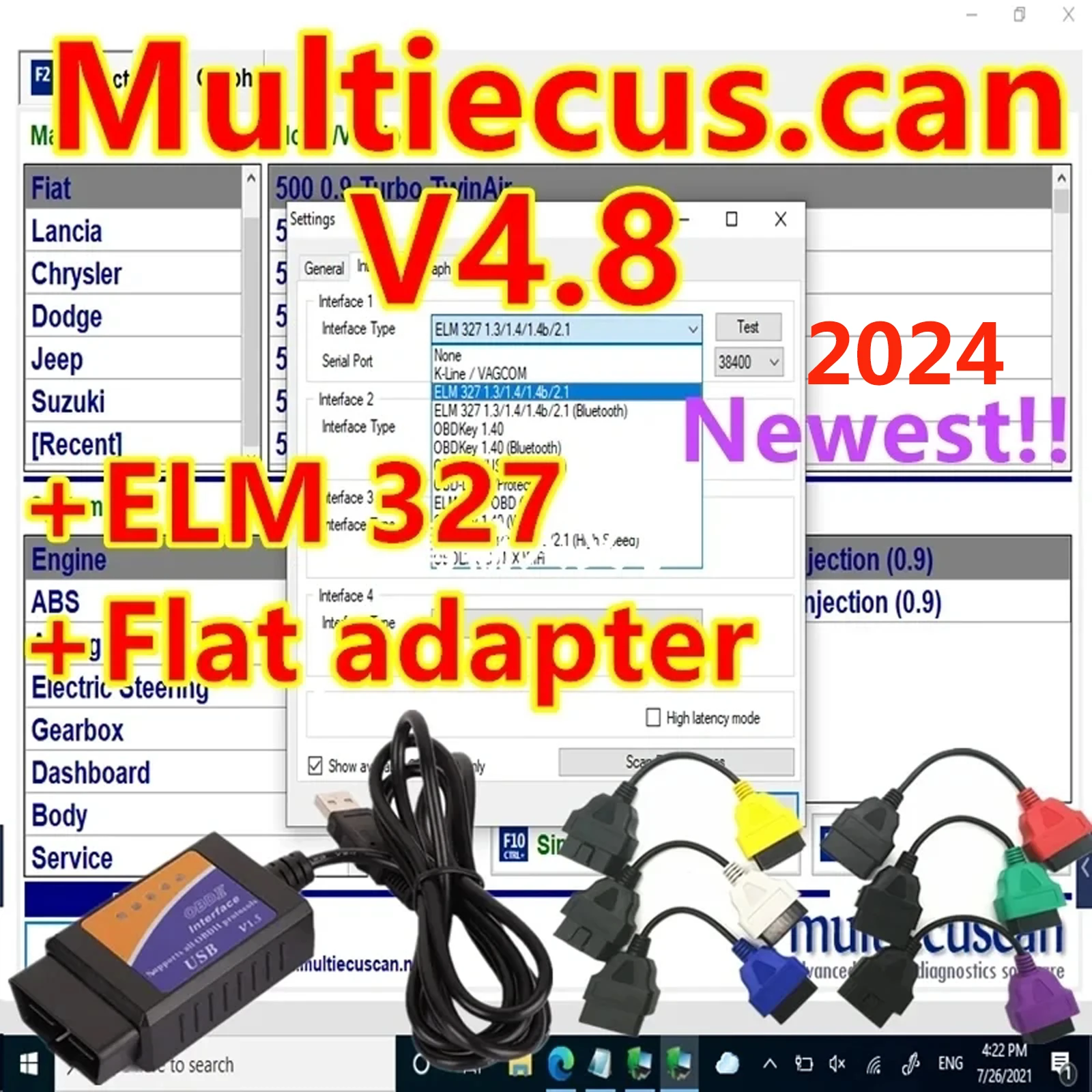 2024 New Multiecuscans V4.8 For Fiat/Chrysler/Dodge/Jeep/Suzuki Scanner Software 4.8 Work With ELM327 / OBD II Diagnostic Tool