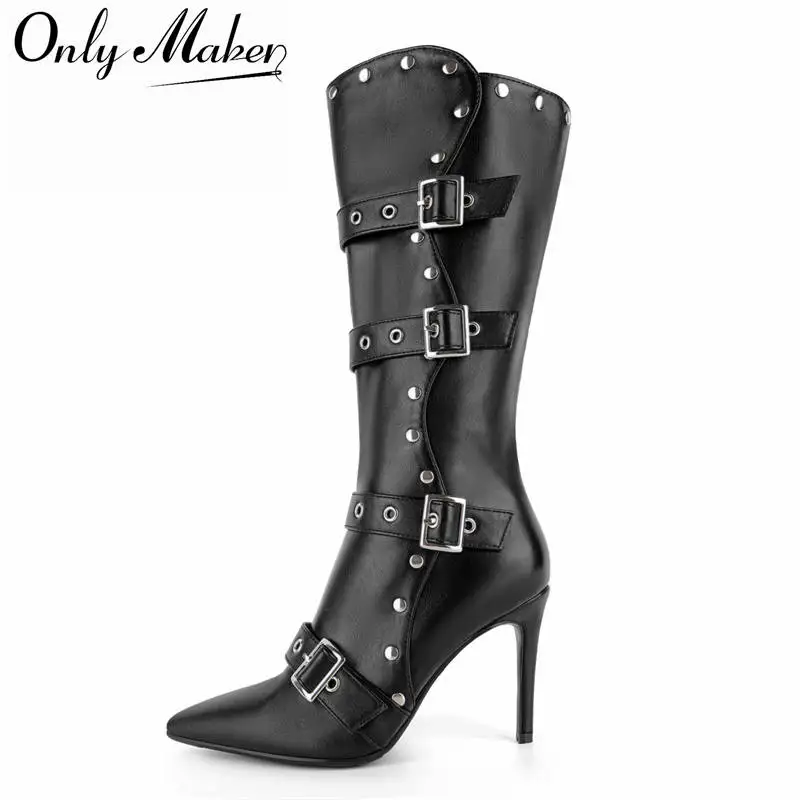 Onlymaker Pointed Toe Faux Leather Mid Calf Boots Buckle Straps Side Zipper Pointed Toe Slim Stiletto High Heel Punk Dress Boots