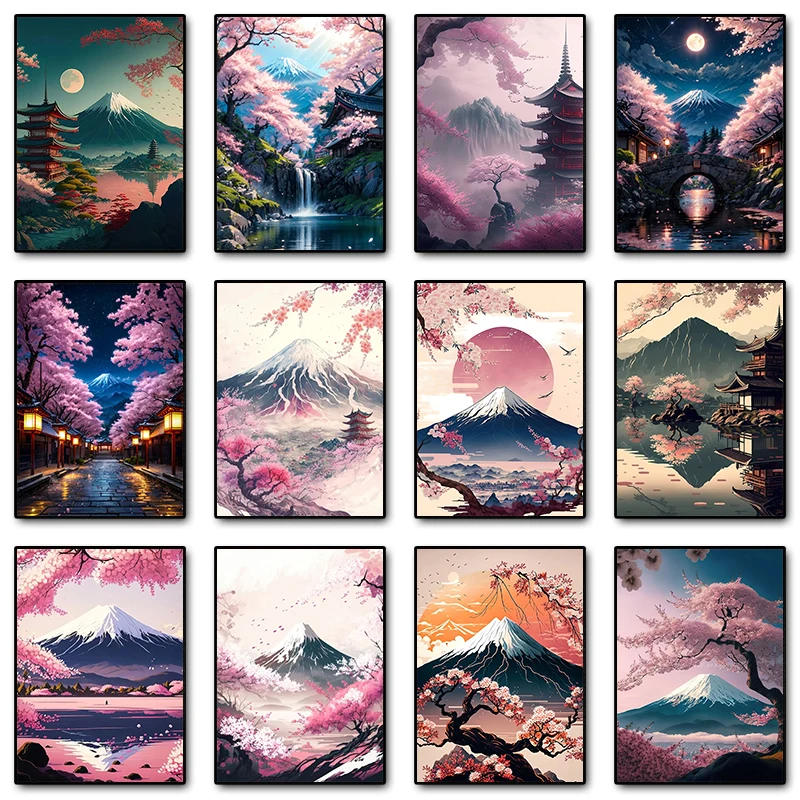 Japanese Cherry Blossom Fuji Mountain Sunset Tokyo Scenery Poster Print Canvas Painting Wall Art Pictures for Room Home Decor