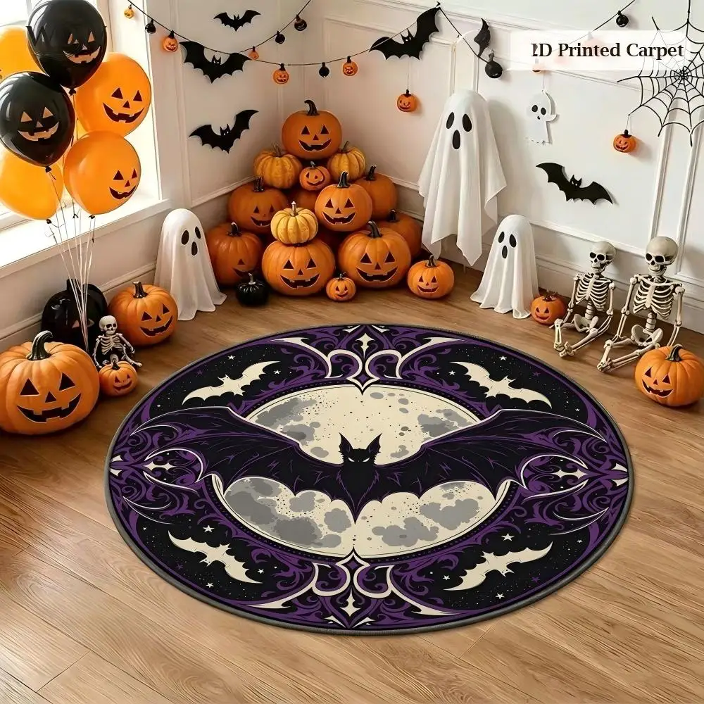 Purple Bat Halloween Full Moon Circle Rug Bedroom Kitchen Coffee Table Home Decor Entrance Hallway Sofa Side Area Floor Mat