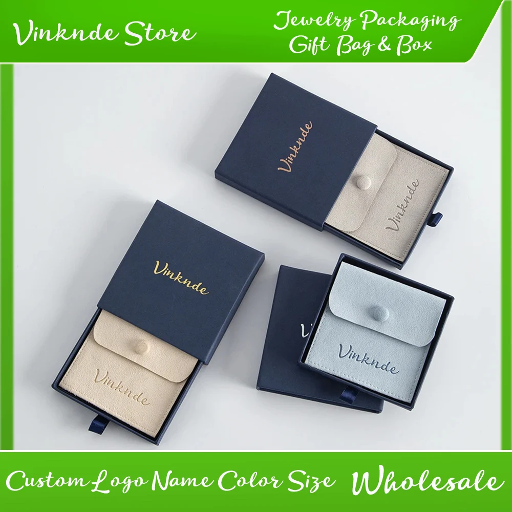 

Custom Logo Blue Package Box Snap Suede Jewelry Earring Pouch Microfiber Jewelry Gift Pouches Bags Drawer Cardboard Boxes Case