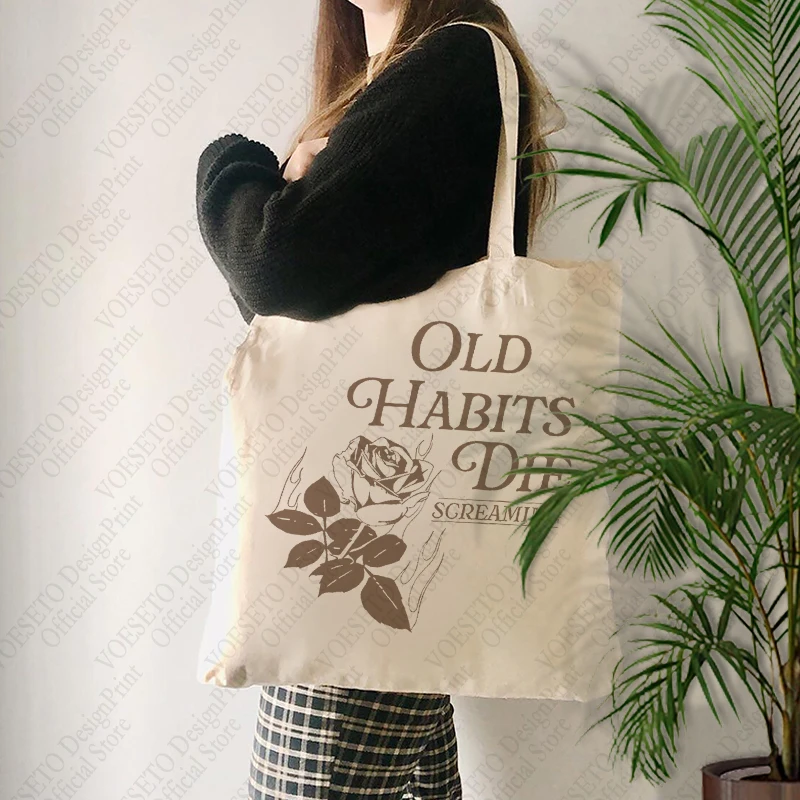 

1 pc Old Habits Die Screaming patternTote Bag Canvas Shoulder Bag For Travel Daily Commute Women's Reusable Shopping Bag