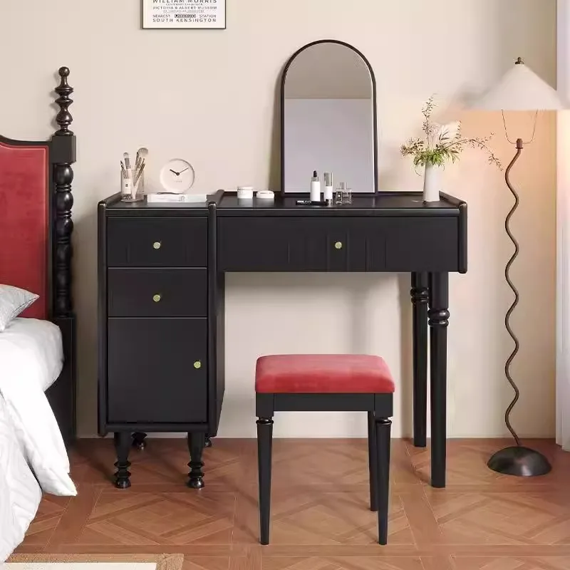 

French retro black dresser small apartment household dresser chest with makeup mirror integrated dressing stool