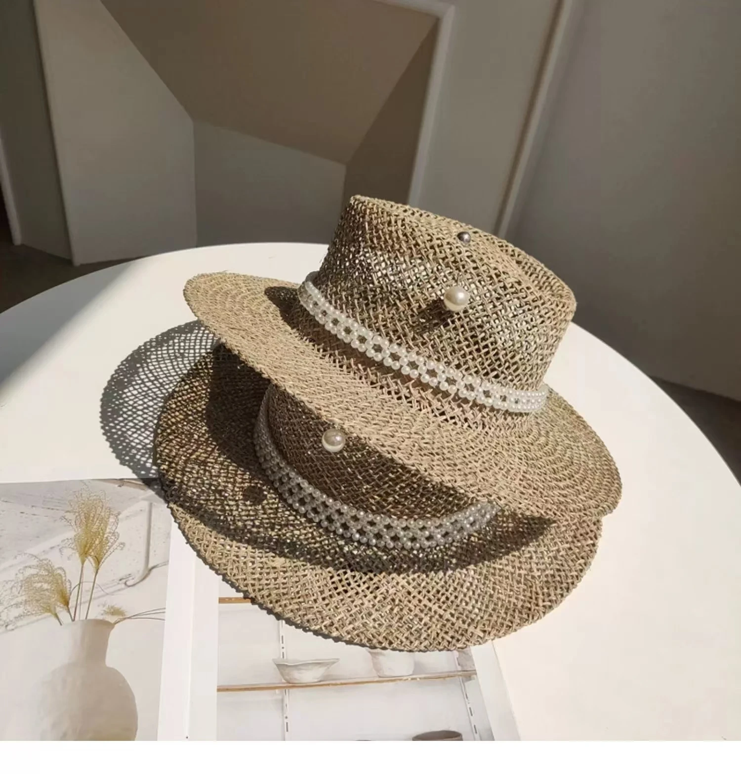 Women Summer Hats Pearls Band Straw Fedora Hat Sea Grass Ladies Wide Brim Sun Hat Hollow Out Style Boater Hat Holiday Beach Hat