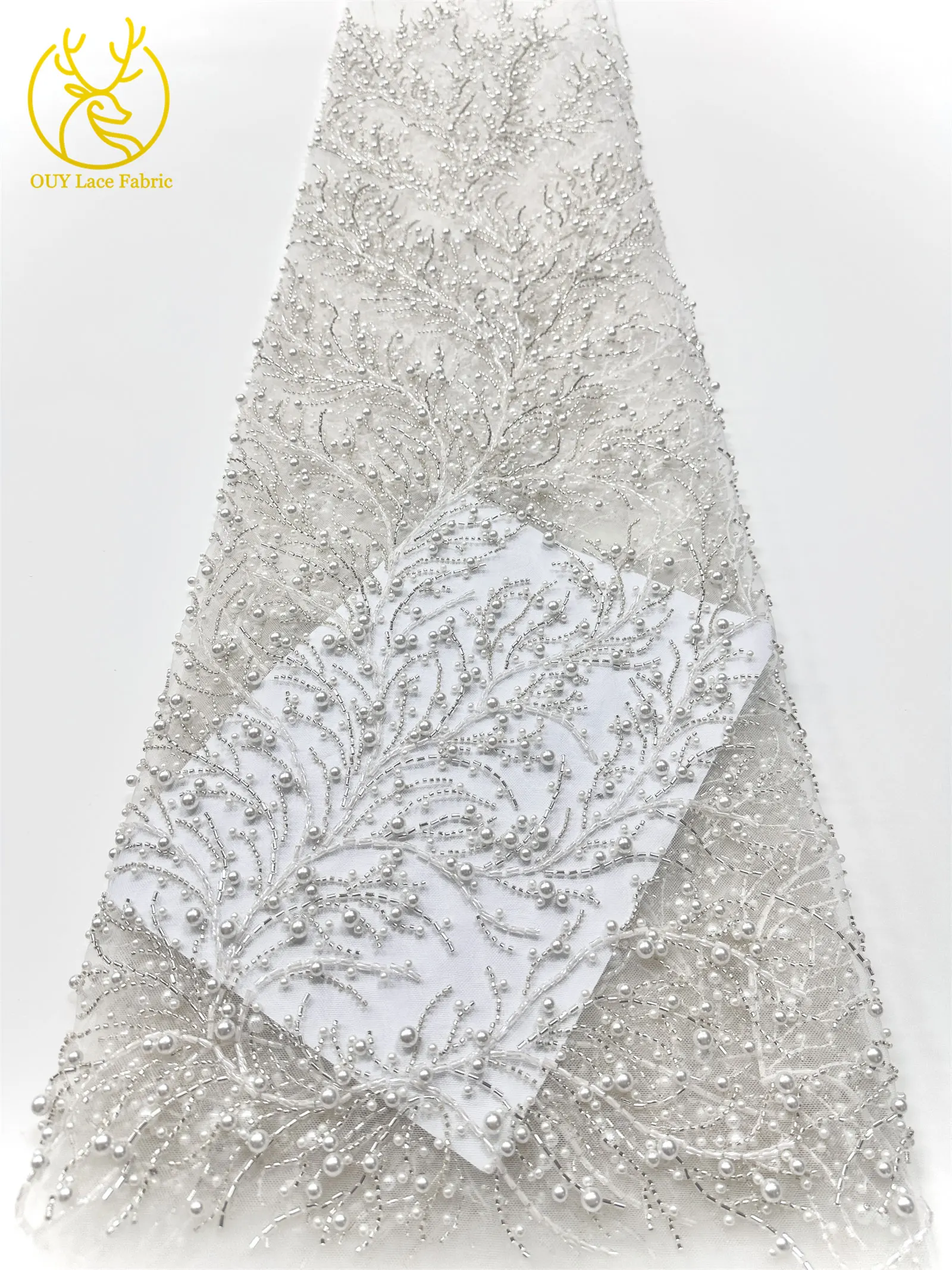 オレンジ色のアフリカの新郎用ビーズ付きレース生地2025高品質高級フランスナイジェリアスパンコールレース生地、パーティーウェディング用5ヤード