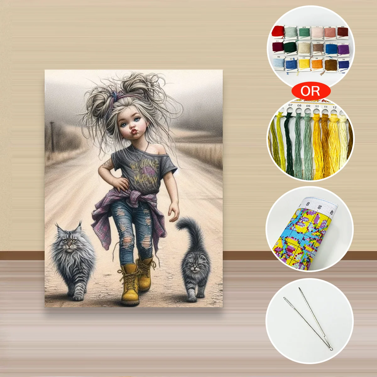 1 Stück 30x40cm/11,8x15,7 Zoll, 11Ct/14Ct Kreuzstich-Set, DIY Valentinstagsgeschenk, Stickerei-Set für Festivals, Punk-Mädchen mit Katzen – Detail 3