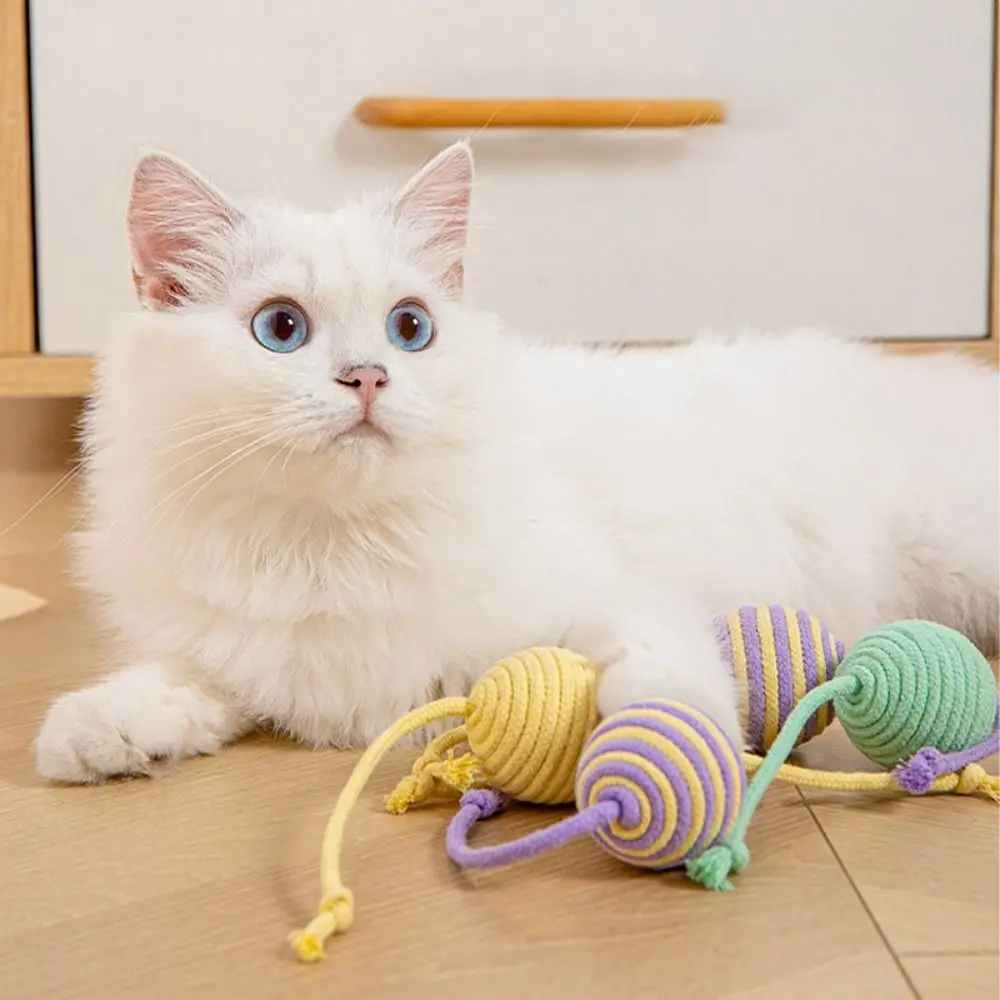 Bite Resistant Cat Cotton Rope Ball Colorful Wear Resistant Cat Teaser Ball with Rope Sounding Cat Scratch Catch Toy