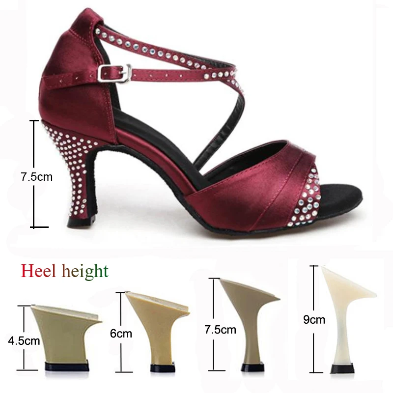 Latin Dance Shoes Ladies Salsa Tango Ballroom Party Dancing Shoes Rhinestone Satin Purple Black Girls High Heel Sandals