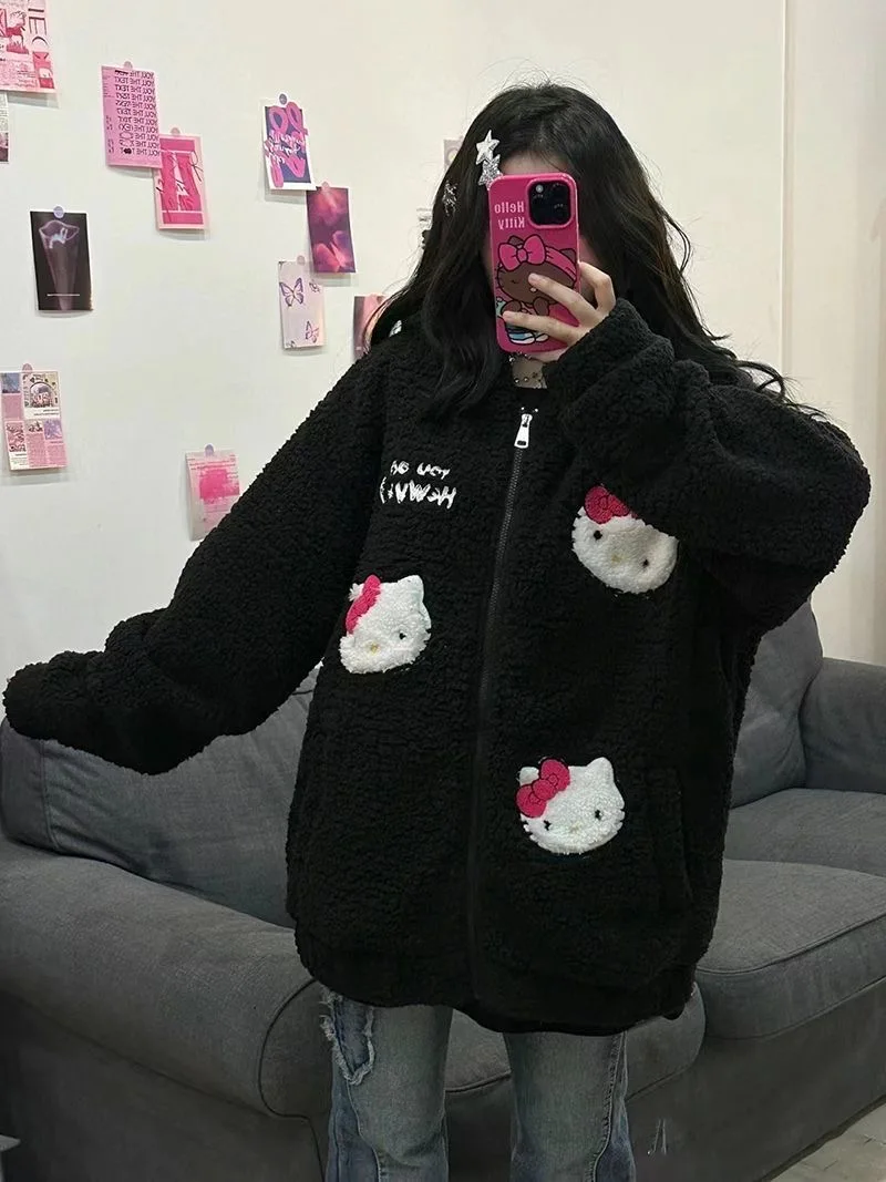 Miniso Black Hello Kitty Embroidered Autumn/Winter Lamb Fleece Coat Women Zipper Hooded Cardigan with Thick Fleece Jacket Women