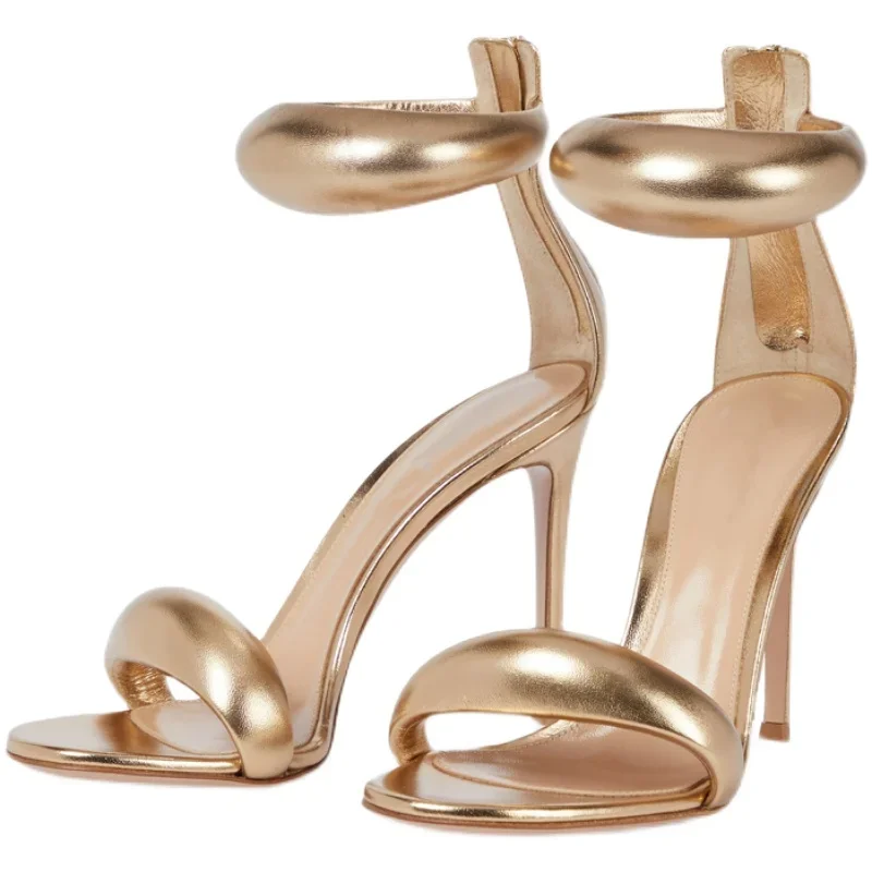 

Summer New Women's Sandals 3D Trendy Genuine Leather Gold Open Toe One line High Heel Slim Heel Sandals