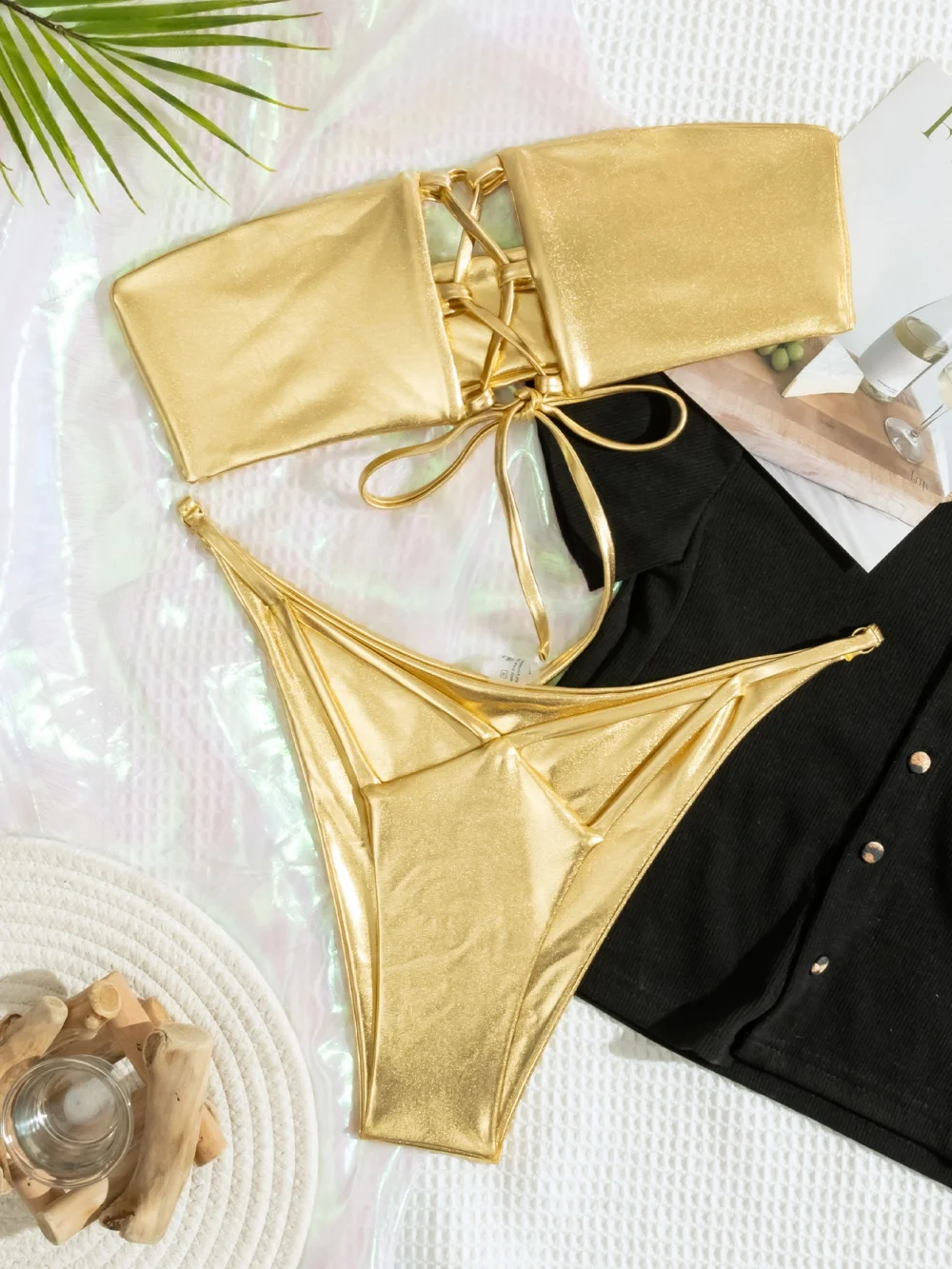 

Gold String Bikini Hollow Out Bandeau Swimsuit Metallic Punk Goth Y2K Swimwear Women Beach Outfit Extreme Bathing Suit Micro Set