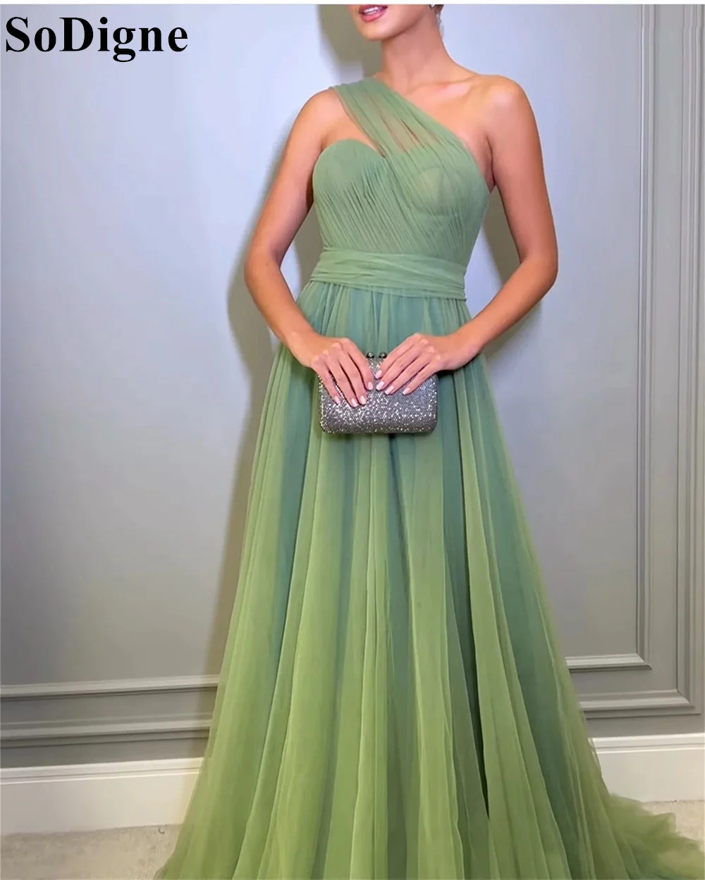 SoDigne One Shoulder Simple Green Prom Dress A-Line Sleeveless Lace-up Robe 2024 Elegant Formal Occasion Evening Gown for Women