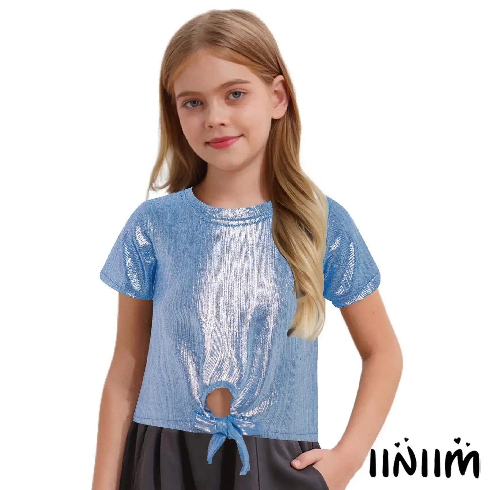 

Girls Metallic Ribbed Jazz Dance Crop Top Performance Wear Polyester T-shirt with Lace-Up Keyhole Hem Hip Hop Casual Daily Wear