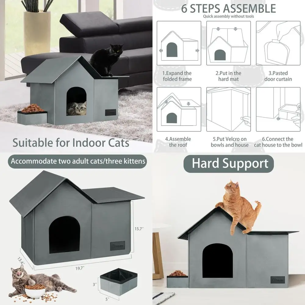 

Large Weather-Resistant Outdoor Cat House with Removable Cushion and Bowl for Feral Cats (Gray)