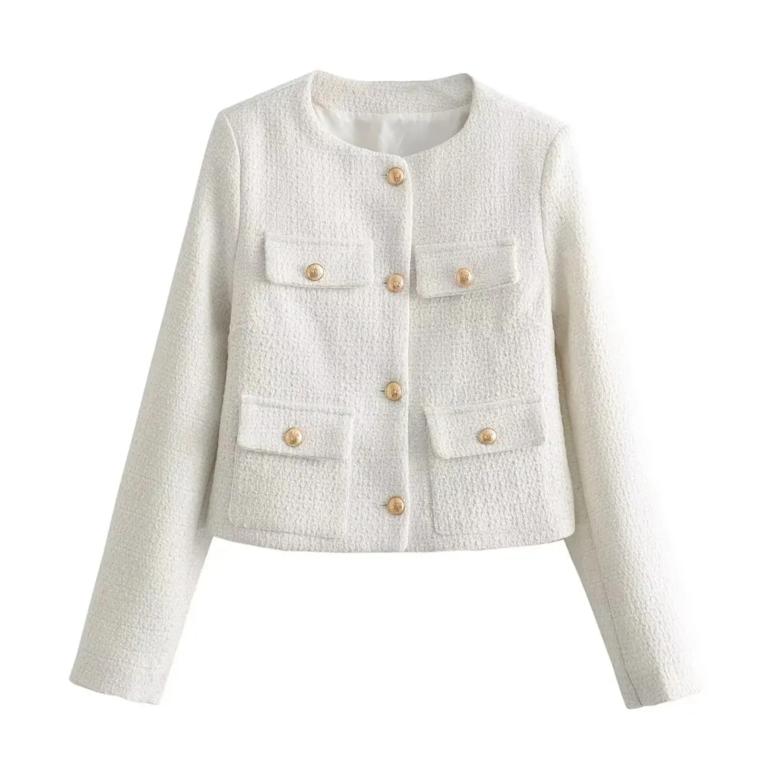 BSAY Women Fashion Spring New Flip Pocket Jacket  Single-breasted Crewneck Tweed Short Coats Chic Ladies Tops Mujer