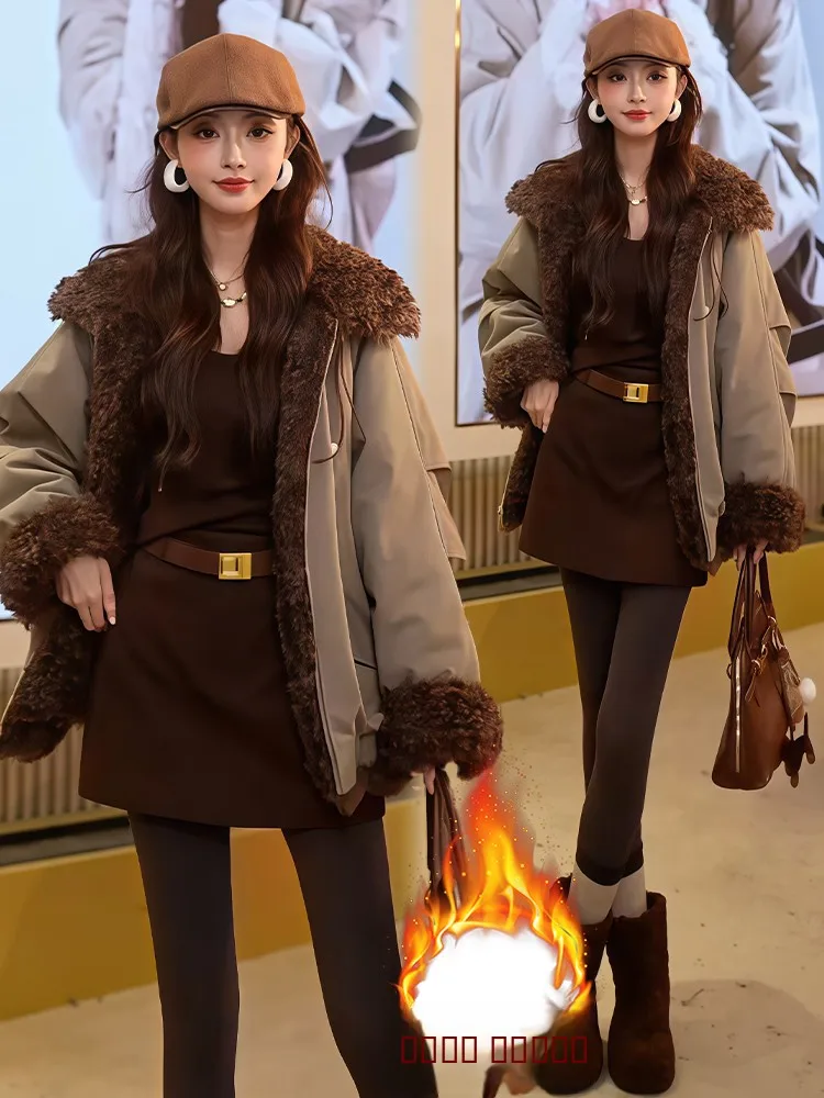 

Thiened Fce Stand Collar Contrast Color High Waist Winter Outerwear Women's Faionable Warm down Cotton Coat