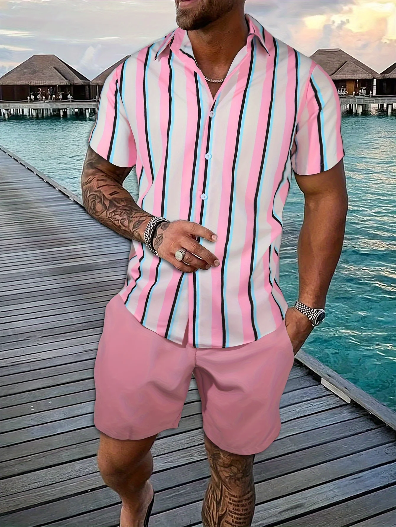 Man Suits Clothing Summer Men Shirt Sets 3D Print Graduated Stripes Short Sleeve Casual Shirt Oversized Beach Shorts Hawaiian