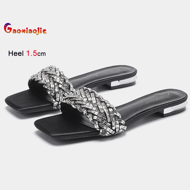 

2025 женские тапочки на низком каблуке, тапочки со стразами, туфли-лодочки из натуральной кожи на каблуке, повседневная обувь на плоской подошве, уличная женская обувь