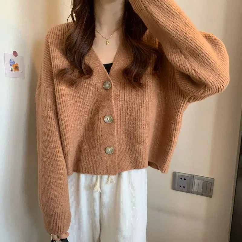 Korean Spring and Autumn 2023 New V-Neck Loose Slouchy Knitwear Long Sleeve Sweater Cardigan Women\'s Top Coat