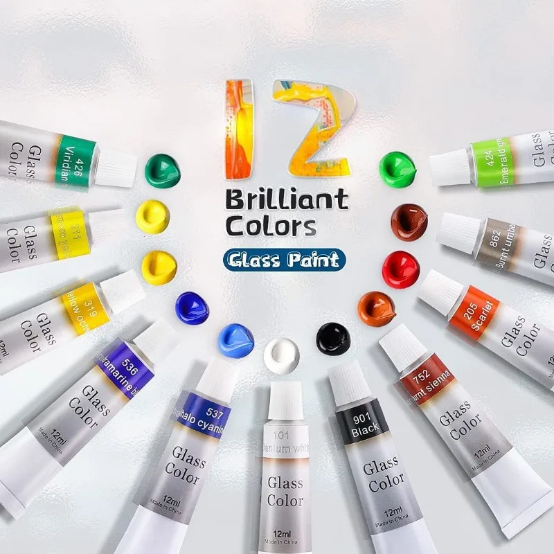 1Set 12 Colours Glass Paints, Hand Painted Diy Glass Decorative Paints for Glassware, Wine Glasses, Window Painting