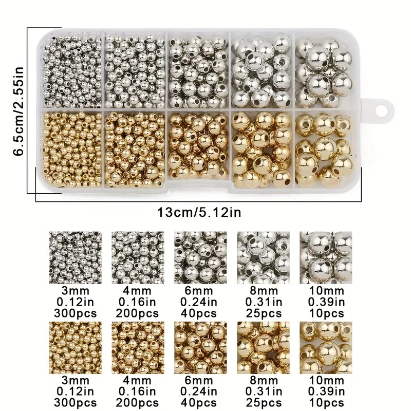950PCS CCB 3/4/6/8/10MM Gold Silver Spacer Round Loose Beads DIY Box Set For Jewelry Making Accessories