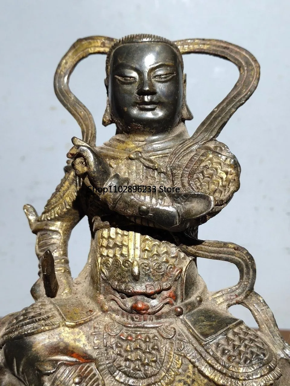 Brass mud gold cinnabar painting real Xuanwu Emperor statue, patriarch sitting statue ornament, home hall supplies, offering jew