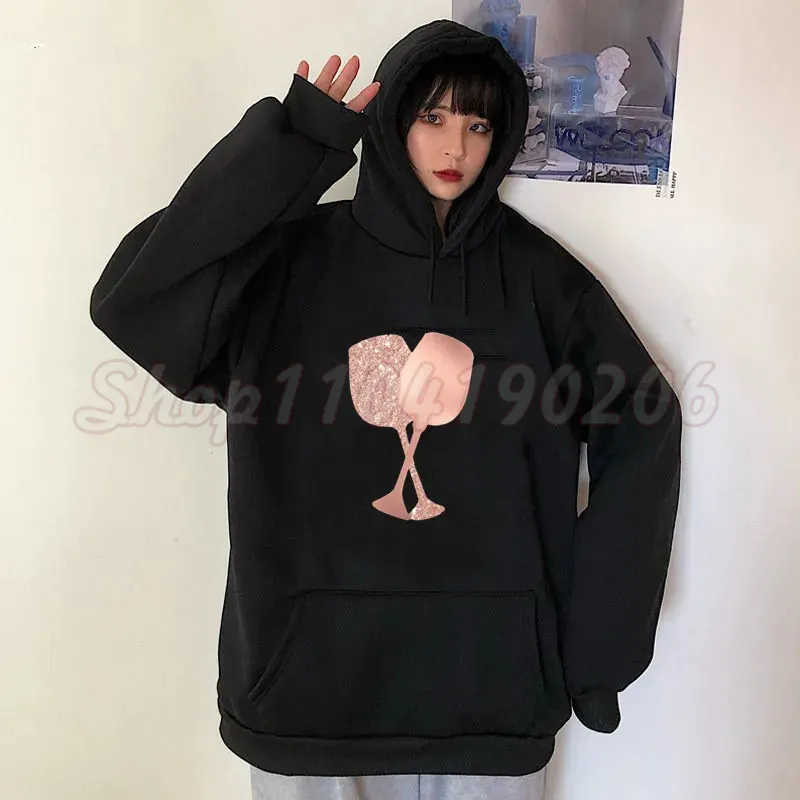 

Women Hoodies Autumn Winter Hooded Rose Gold Wine Glasses Printed Graphic Fleece Pullover Long Sleeve Sweatshirt Women Clothing
