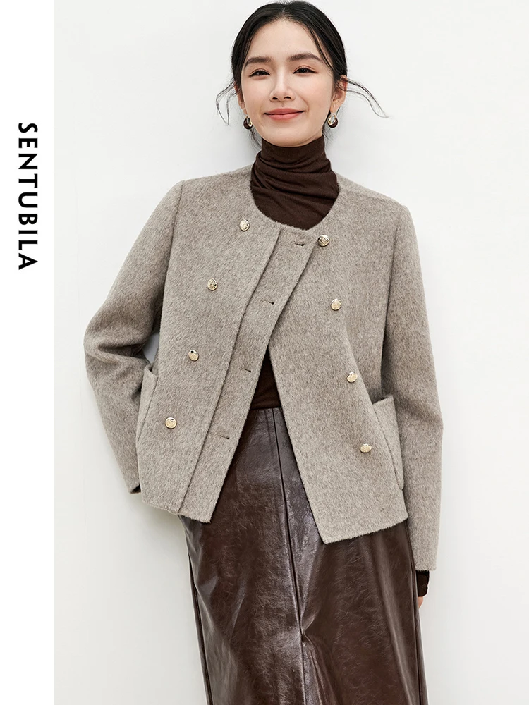 

SENTUBILA Simple Straight Woolen Coat 2024 Winter Solid Double Sided Double Breasted Long Sleeve Texture Elegant Coat W44O56013