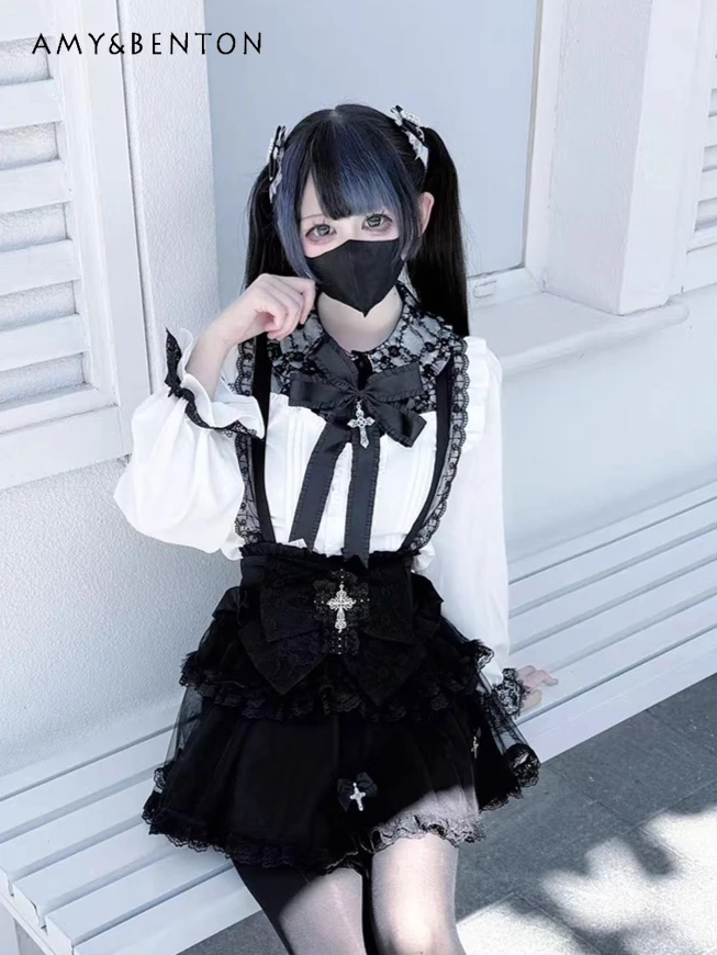 

Japanese Style Dark Cross Women's Lace White Ruched Long Sleeve Shirt Big Bow Mesh Mini Skirt Mine Series Lolita Skirt Sets