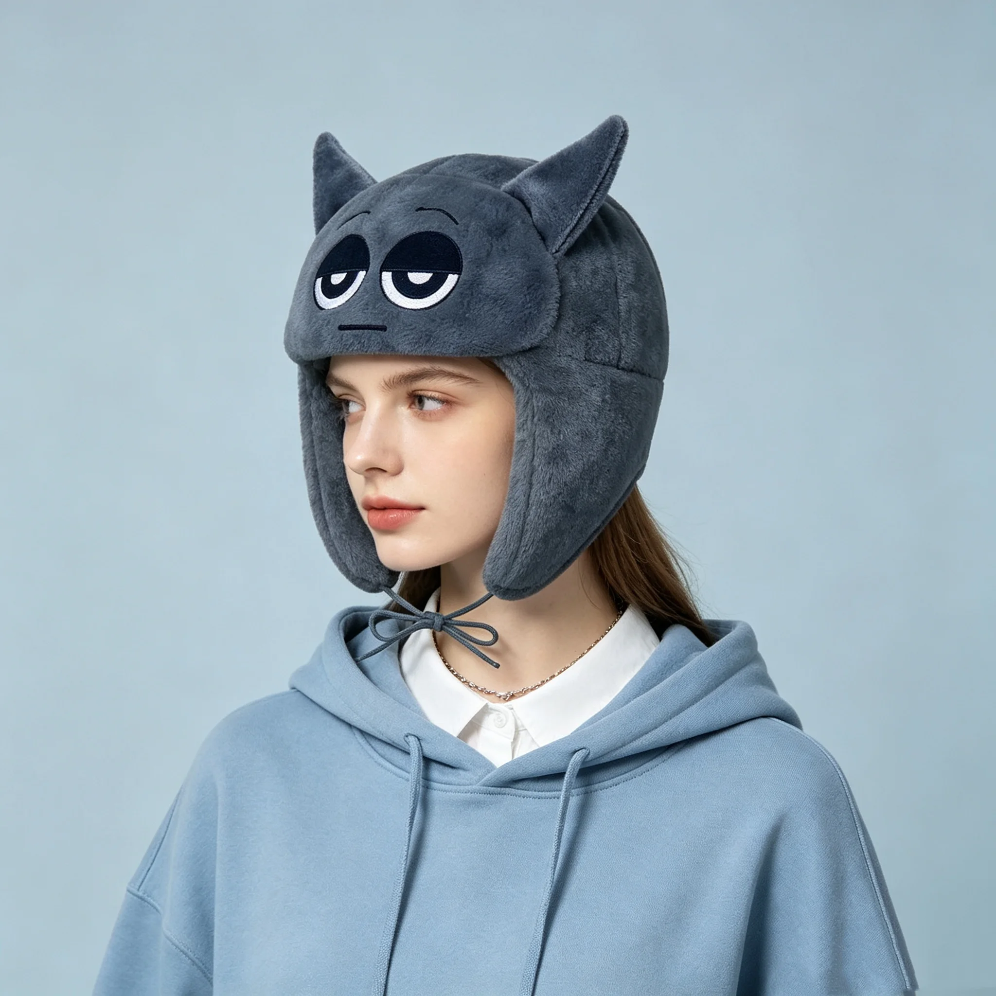 Cartoon Devil Ear Plush Trapper Hat Unisex Autumn Winter, Cute Warm Earflap Cap