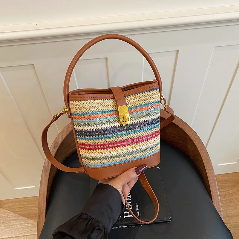 2026 New Straw Woven Bucket Bag Women Niche Design Summer All-match Shoulder Crossbody Handbag