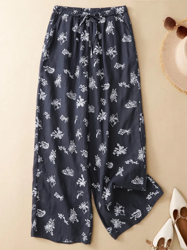 

Elegant Ethnic Style Wide Leg Pants Women's Summer Cool Feeling Loose Elastic Waist Drawstring Slimming Harem Casual Trousers