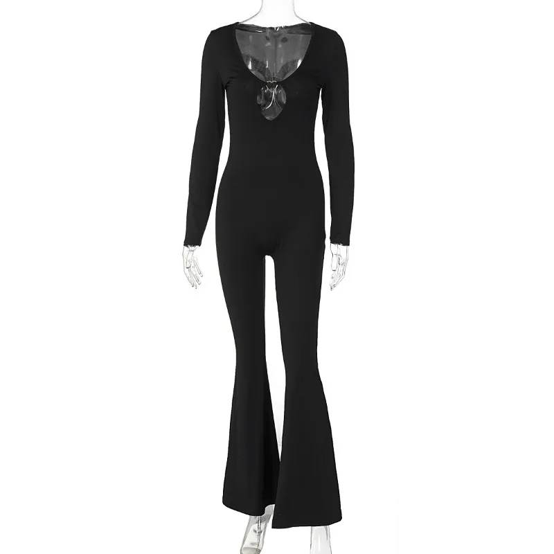 Metal Loveheart Hollow Out Black Flare Jumpsuits Women Fashion Sexy V-neck Long Sleeve Skinny Casual One Piece Overalls Romper