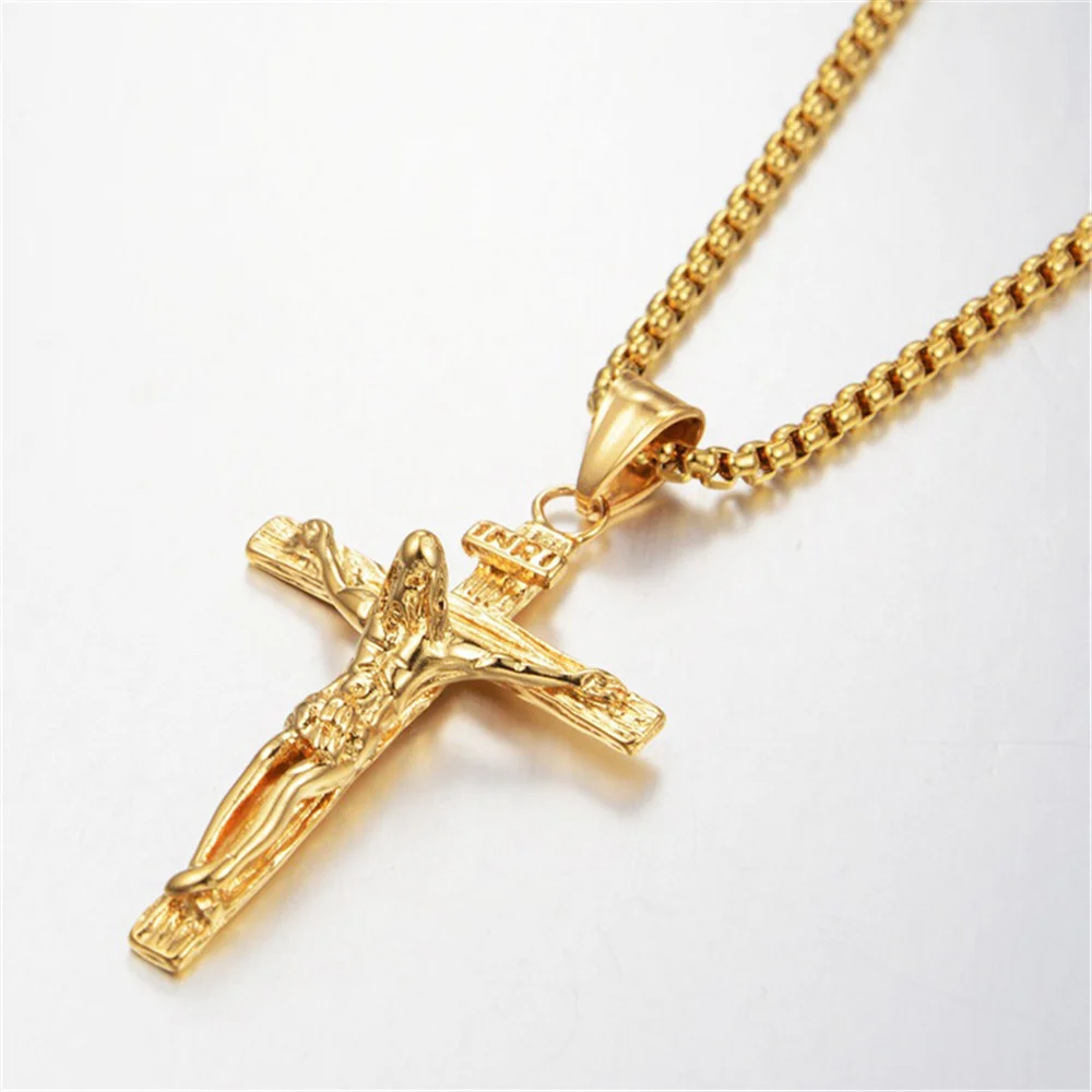 Religious Jesus Christ Cross Pendant Necklace for Women/Men Gold Color Stainless Steel Crucifix Necklaces Male Christian Jewelry