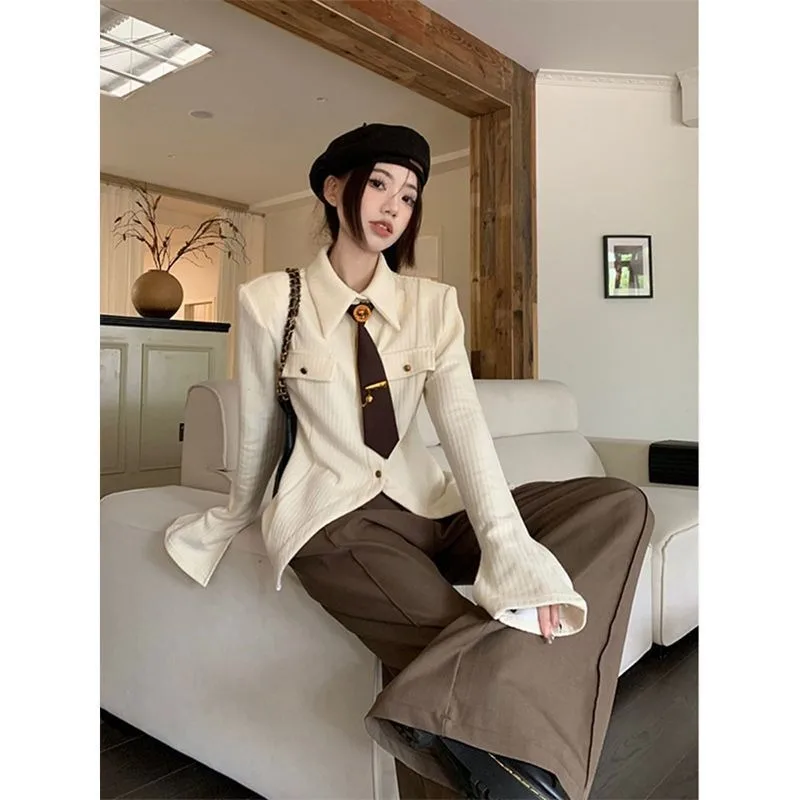 QWEEK Vintage Korean Style Shirt with Ties Elegant and Youthful Woman Slim Blouses Office Long Sleeve Button Up Clothes Autumn