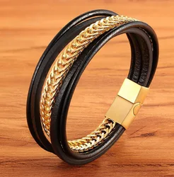 Fashion Geometrically Irregular Graphics Stainless Steel Genuine Leather Bracelet Black Color Accessories Chain Jewelry For Men